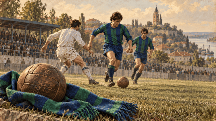 Ilustrativna istorijska rekonstrukcija – ilustracija uz članak „Istorija FK Zemun – od Jedinstva i Galenike do plavo-zelenih“