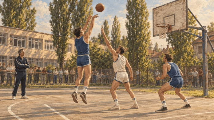 Ilustrativna istorijska rekonstrukcij – ilustracija uz članak „Košarka u Zemunu – Mladost, Lile i put do Prve lige“