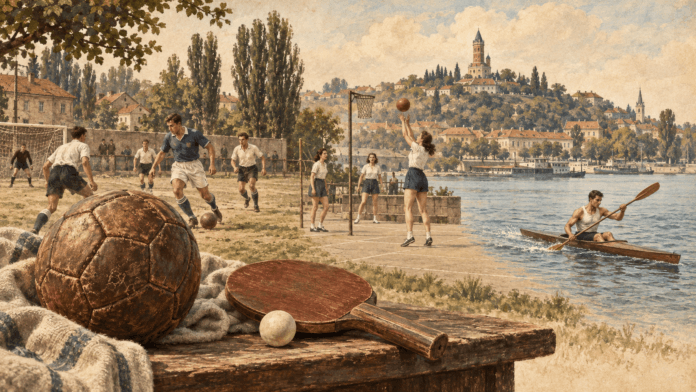 Ilustrativna istorijska rekonstrukcija – ilustracija uz članak „Sport u Zemunu posle 1945. godine – klubovi, škole i život grada“