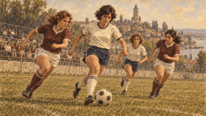 Ilustrativna istorijska rekonstrukcij – ilustracija uz članak „Ženski fudbal u Zemunu – Zmaj, Sloga i šampionske generacije“