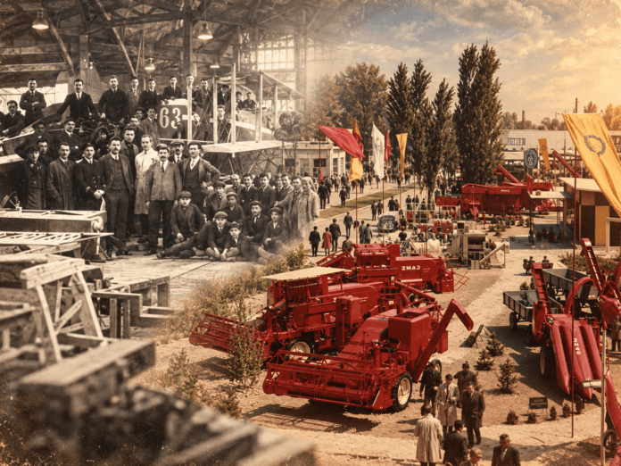 Kolaž fotografija fabrike Zmaj Zemun: crno-bela slika radnika ispred aviona u hangaru iz ranog perioda i istorijska fotografija crvenih Zmaj kombajna izloženih na poljoprivrednom sajmu.