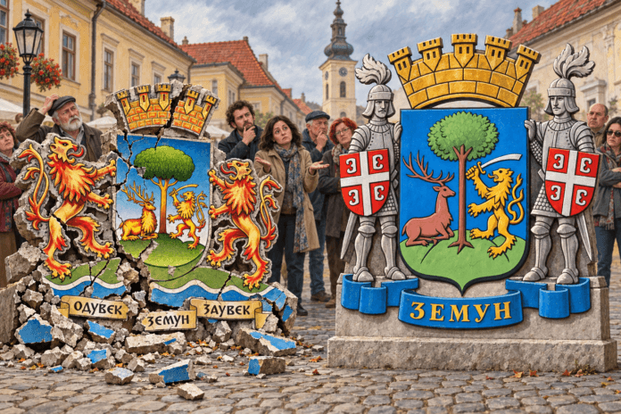 Satirična ilustracija: grb Zemuna sa lavovima se raspada, grb sa ratnicima dominira, a građani u pozadini gledaju u neverici.